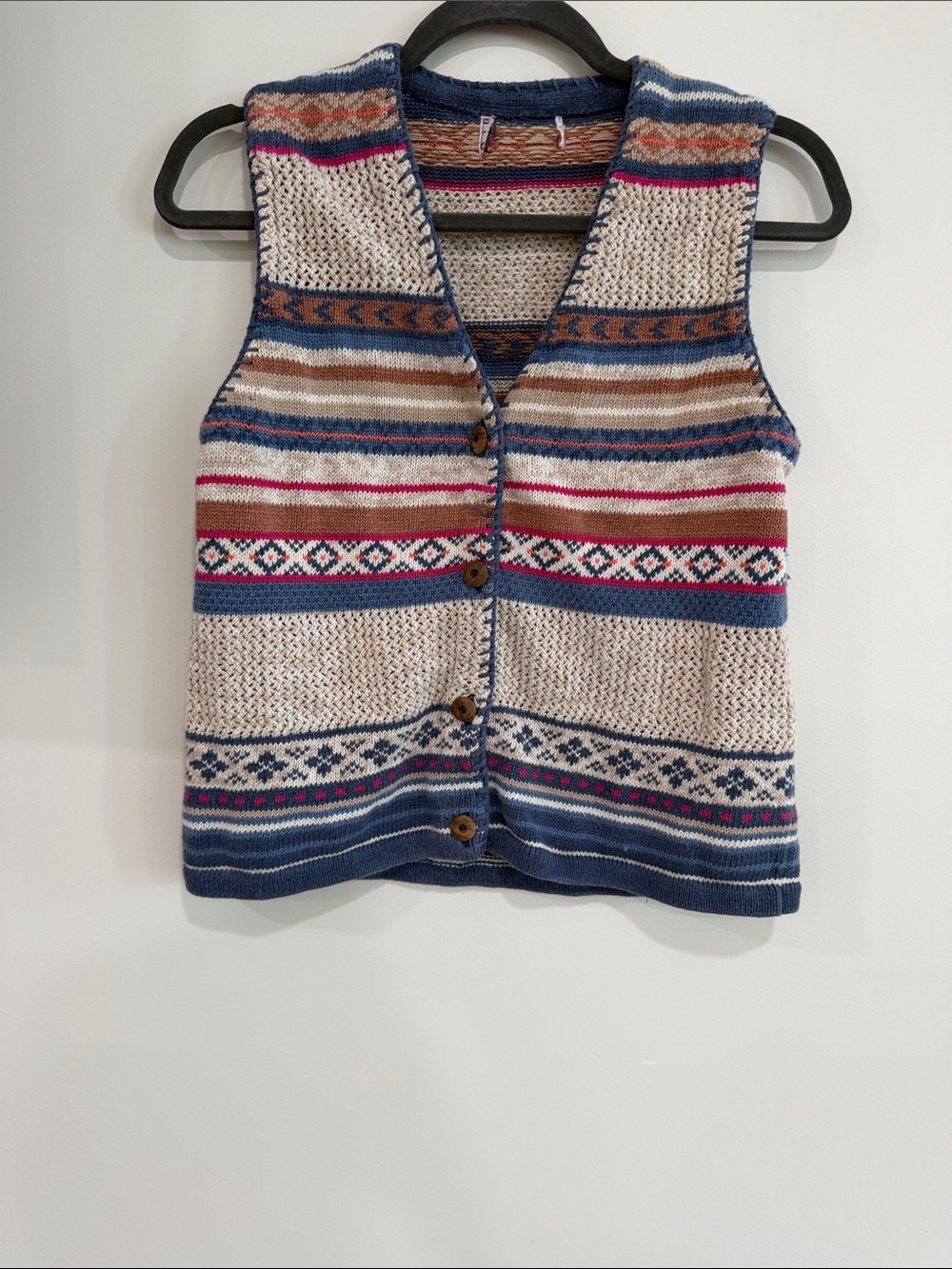 Vintage Striped Fair Isle V-Neck Knit Vest in Cream, Blue, Brown